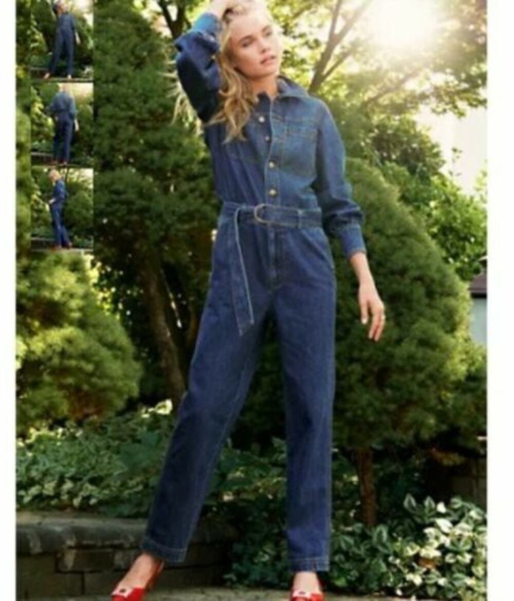 Happy x Nature Kate Hudson Denim Jumpsuit Belted Pockets V-Neck Cotton Size 2